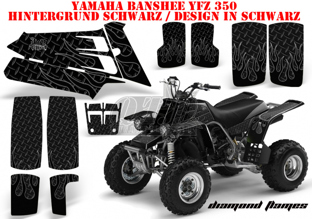Diamond Flames Hintergrund = Schwarz, Designfarbe = Schwarz für Yamaha Banshee YFZ 350