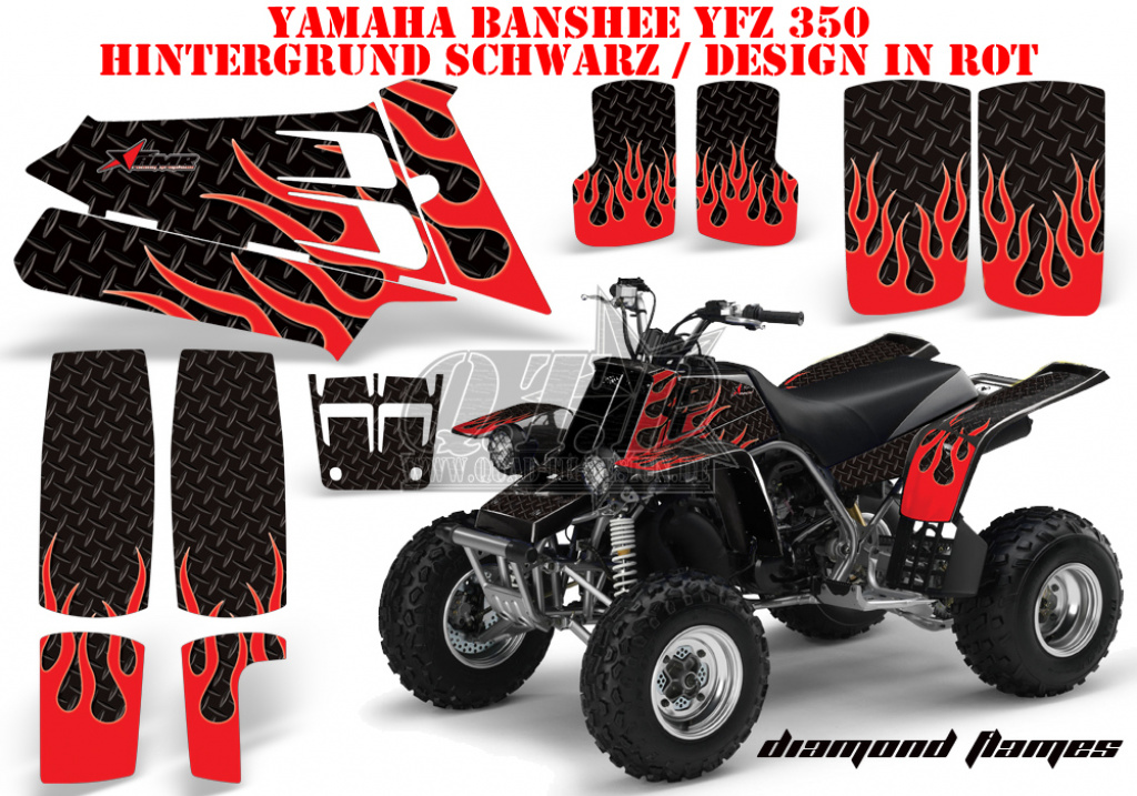 Diamond Flames Hintergrund = Schwarz, Designfarbe = Rot für Yamaha Banshee YFZ 350