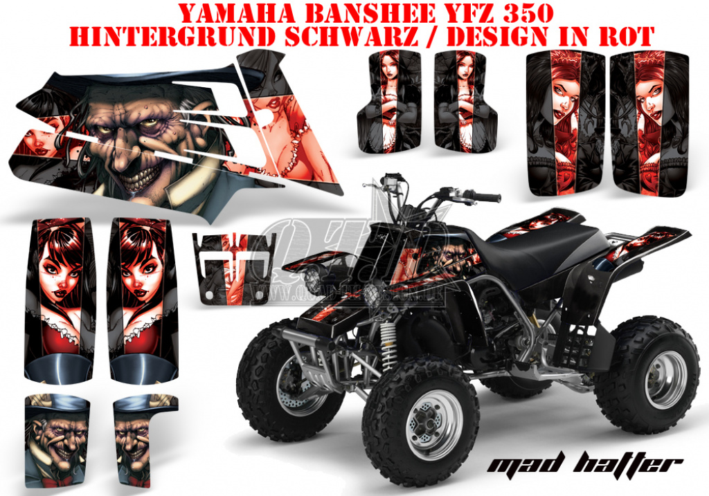 Mad-Hatter Hintergrund = Schwarz, Designfarbe = Rot für Yamaha Banshee YFZ 350