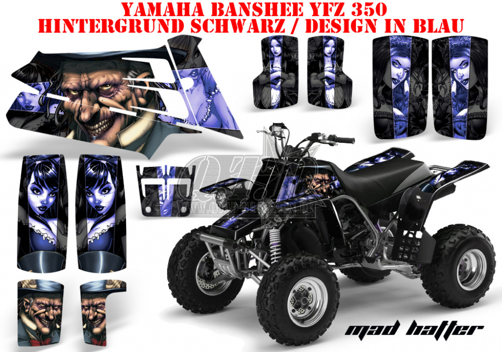 Mad-Hatter Hintergrund = Schwarz, Designfarbe = -Blau für Yamaha Banshee YFZ 350