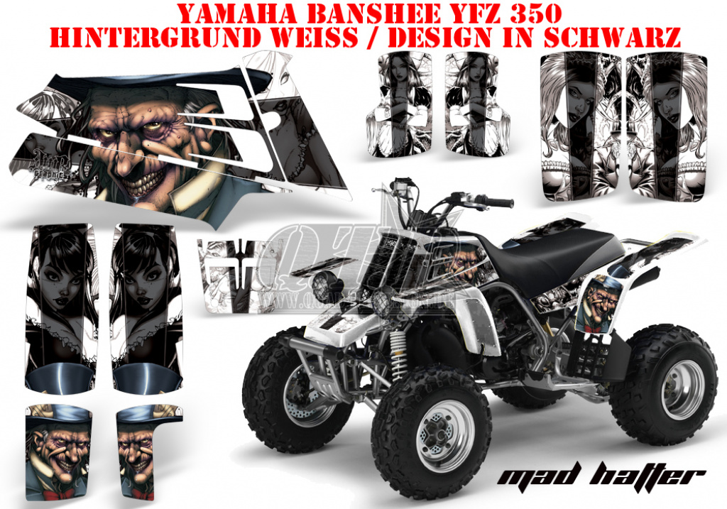 Mad-Hatter Hintergrund = Weiß, Designfarbe = Schwarz für Yamaha Banshee YFZ 350