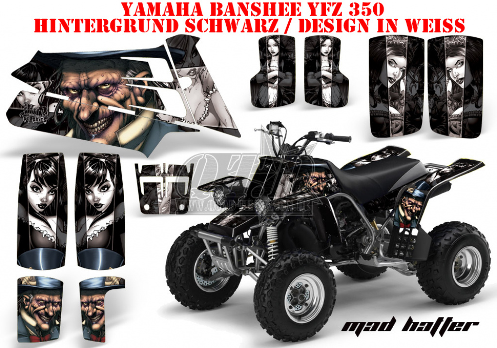 Mad-Hatter Hintergrund = Schwarz, Designfarbe = Weiß für Yamaha Banshee YFZ 350