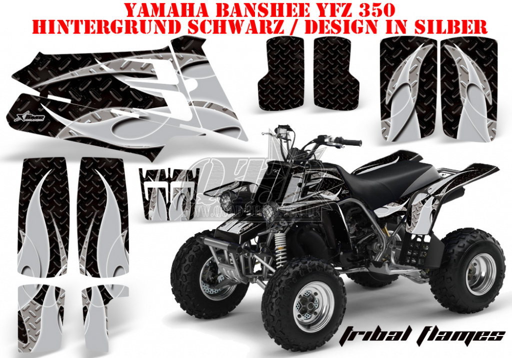 Tribal Flames Hintergrund = Schwarz, Designfarbe = Silber für Yamaha Banshee YFZ 350