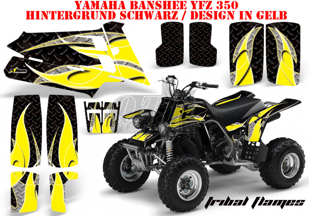 Tribal Flames Hintergrund = Schwarz, Designfarbe = Gelb für Yamaha Banshee YFZ 350