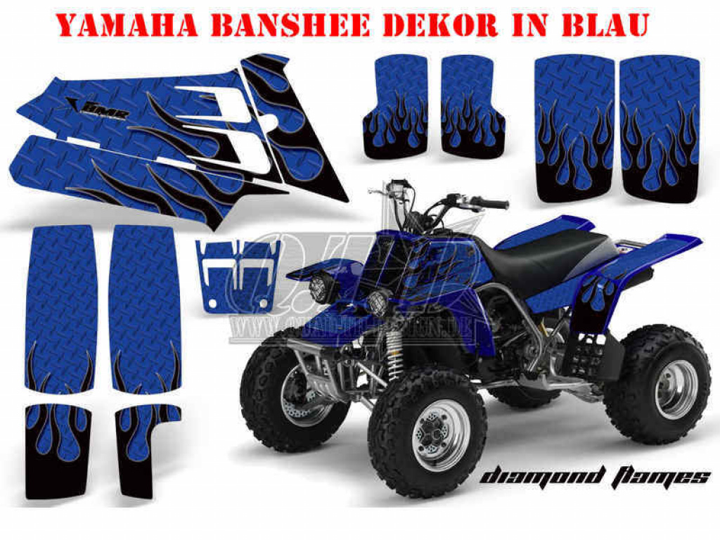Diamond Flames Hintergrund = Blau, Designfarbe = Schwarz für Yamaha Banshee YFZ 350