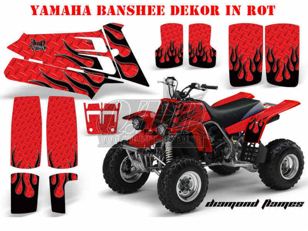 Diamond Flames Hintergrund = Rot, Designfarbe = Schwarz für Yamaha Banshee YFZ 350