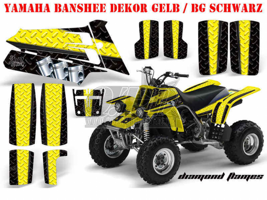 Diamond Race Hintergrund = Schwarz, Designfarbe = Gelb für Yamaha Banshee YFZ 350