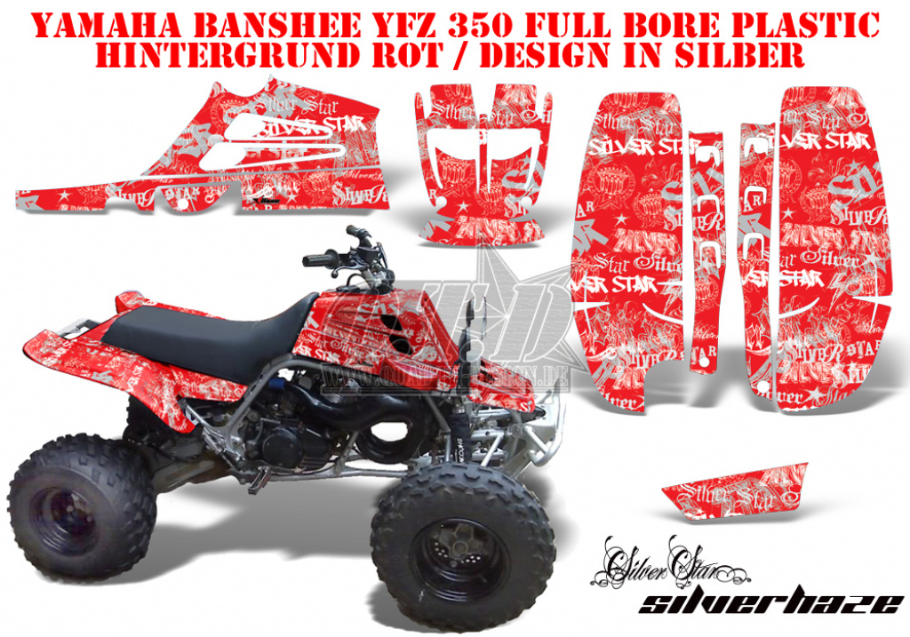 SilverStar - Silverhaze Hintergrund = Rot, Designfarbe = Silber für Yamaha Banshee YFZ 350 Full Bore