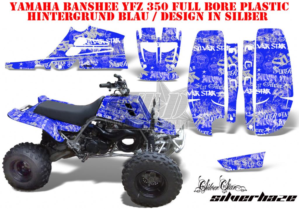 SilverStar - Silverhaze Hintergrund = Blau, Designfarbe = Silber für Yamaha Banshee YFZ 350 Full Bore