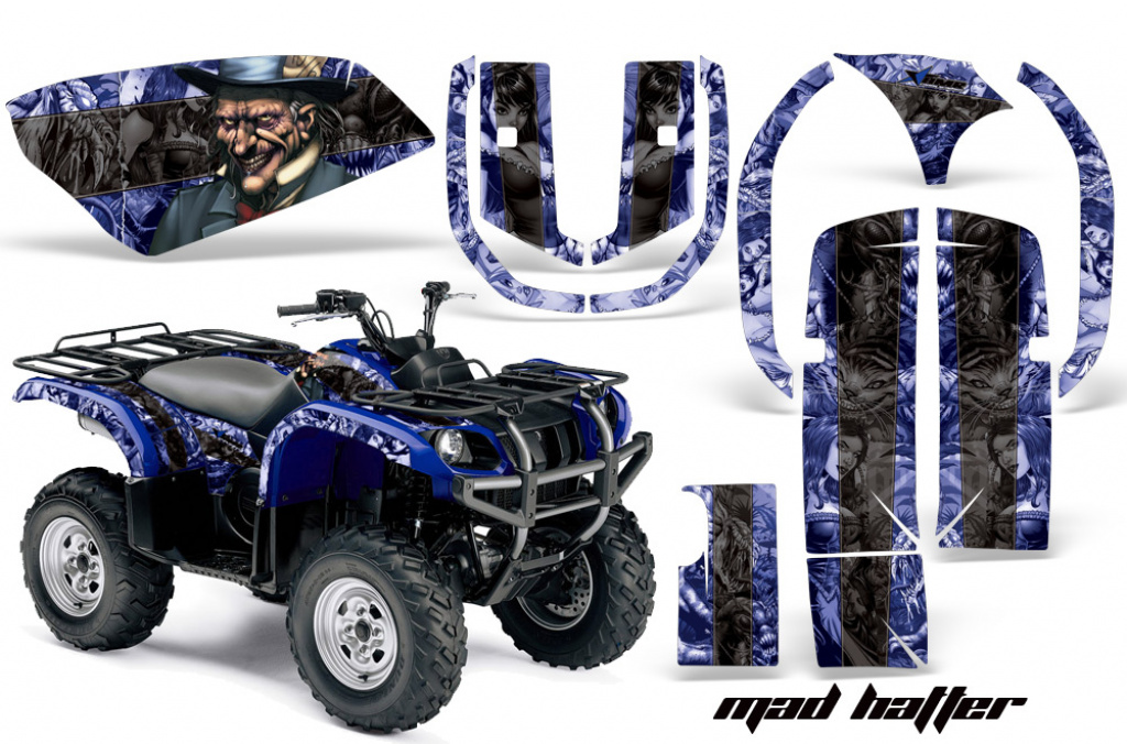 Mad-Hatter Hintergrund = Blau, Designfarbe = Schwarz für Yamaha Grizzly 660