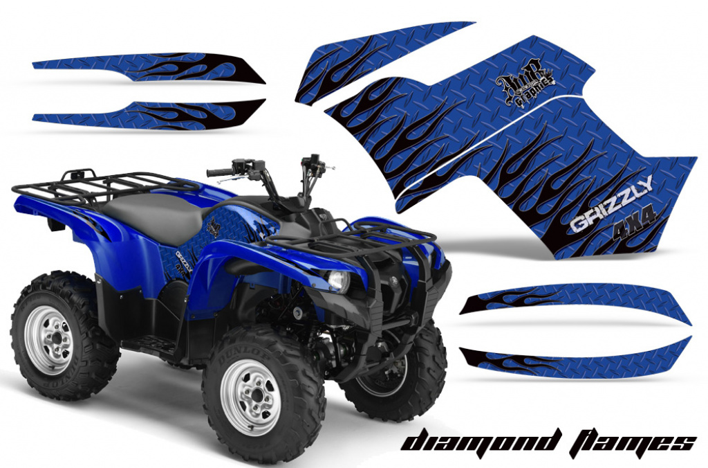 Diamond Flames Hintergrund = Blau, Designfarbe = Schwarz für Yamaha Grizzly 700/550 2007-2014