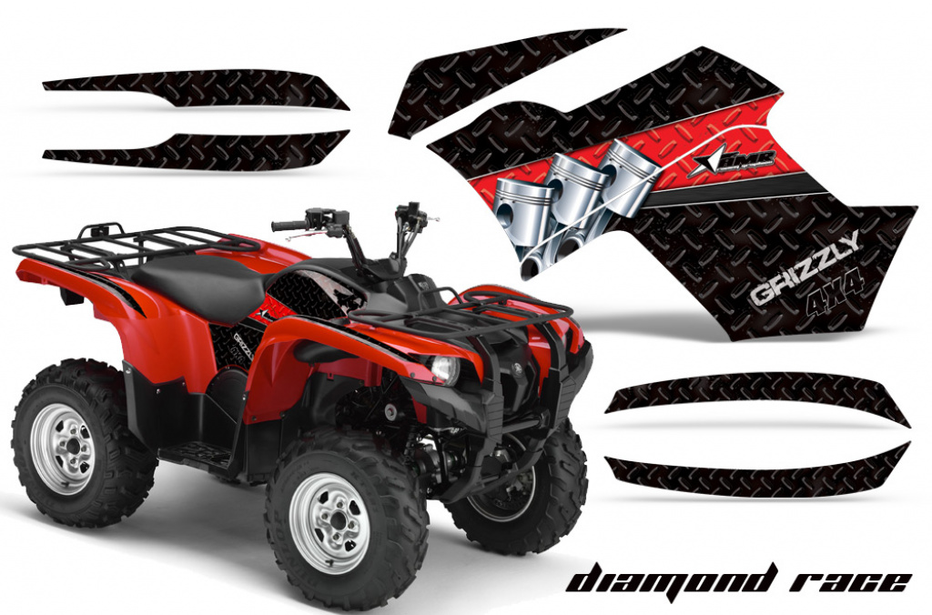 Diamond Race Hintergrund = Schwarz, Designfarbe = Rot für Yamaha Grizzly 700/550 2007-2014