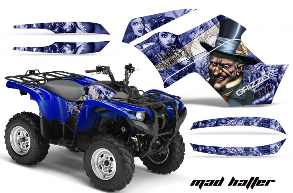 Mad-Hatter Hintergrund = Blau, Designfarbe = Weiß für Yamaha Grizzly 700/550 2007-2014