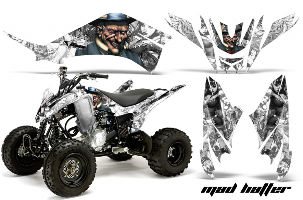 Mad-Hatter Hintergrund = Weiß, Designfarbe = Silber für Yamaha Raptor 125