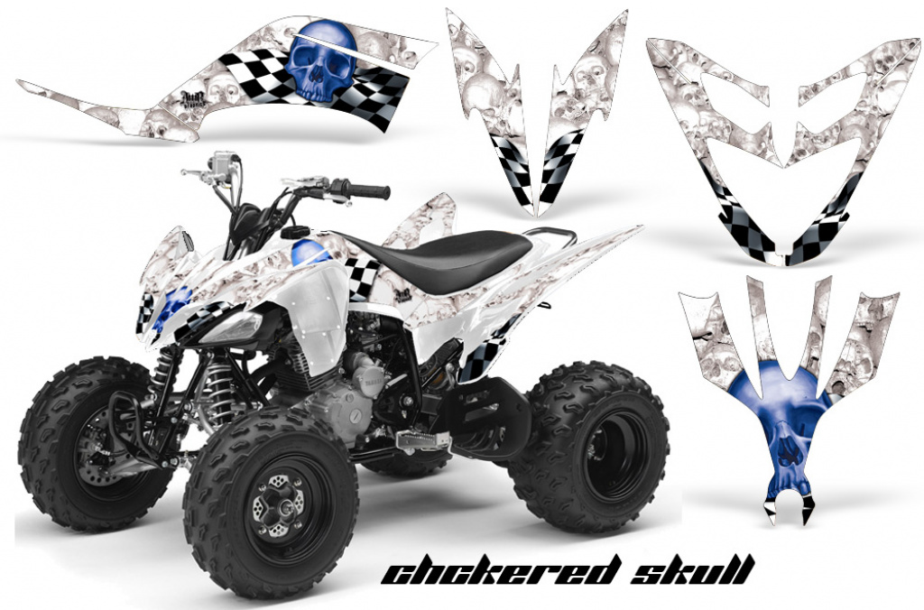 Checkered Skull Hintergrund = Weiß, Designfarbe = Blau für Yamaha Raptor YFM 250