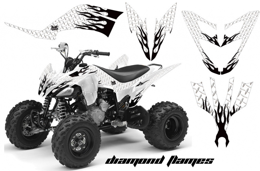Diamond Flames Hintergrund = Weiß, Designfarbe = Schwarz für Yamaha Raptor YFM 250