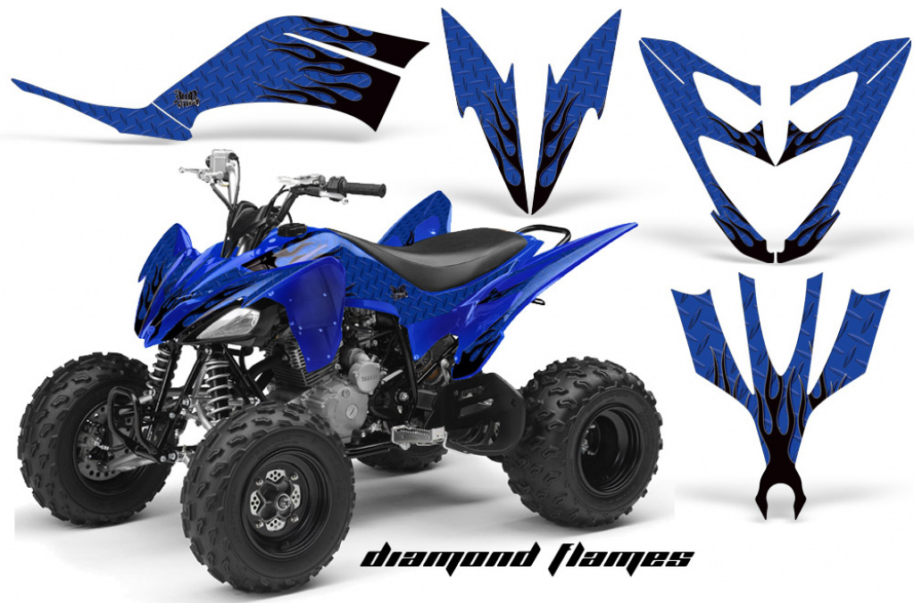Diamond Flames Hintergrund = Blau, Designfarbe = Schwarz für Yamaha Raptor YFM 250
