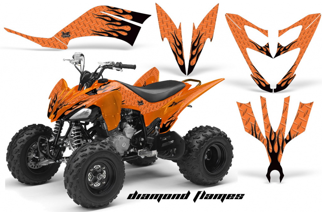 Diamond Flames Hintergrund = Orange, Designfarbe = Schwarz für Yamaha Raptor YFM 250