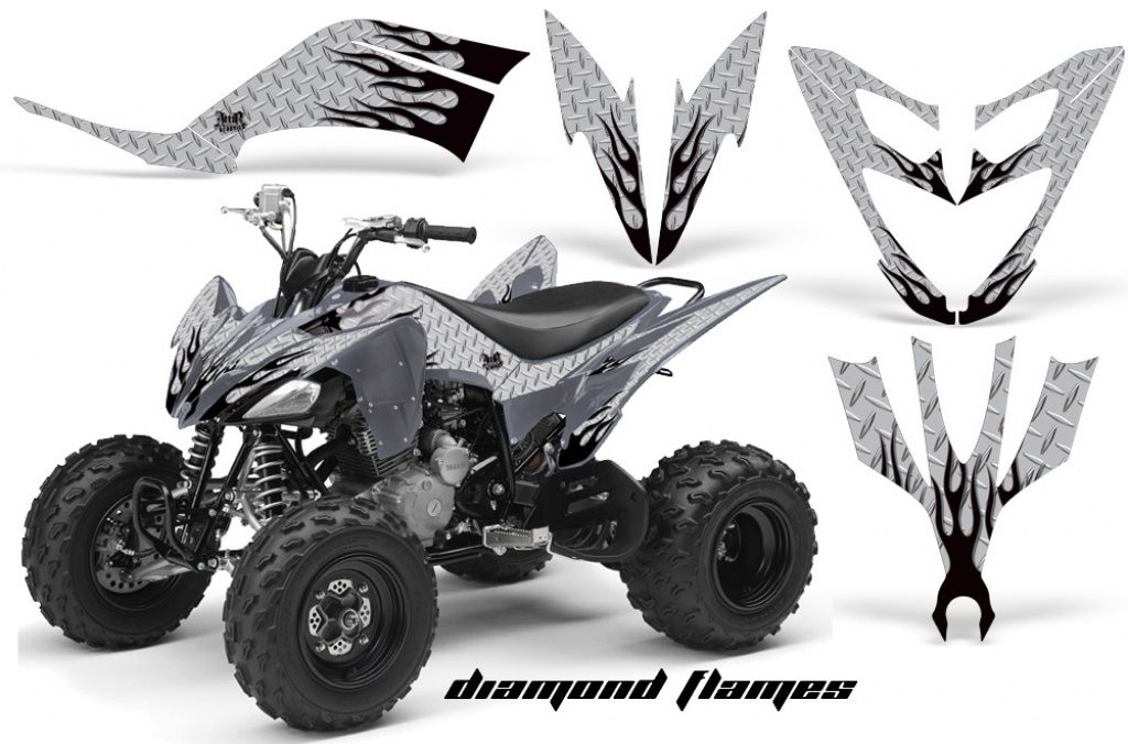 Diamond Flames Hintergrund = Silber, Designfarbe = Schwarz für Yamaha Raptor YFM 250