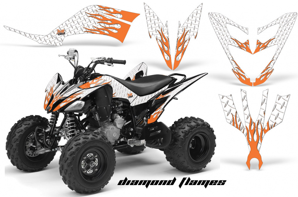 Diamond Flames Hintergrund = Weiß, Designfarbe = Orange für Yamaha Raptor YFM 250