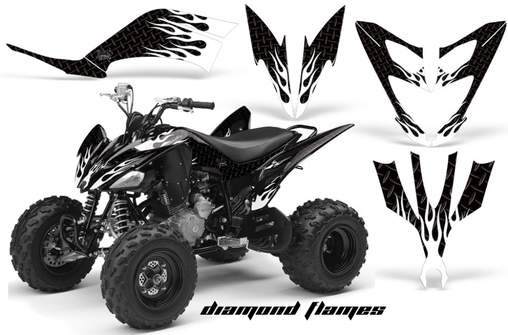 Diamond Flames Hintergrund = Schwarz, Designfarbe = Weiß für Yamaha Raptor YFM 250