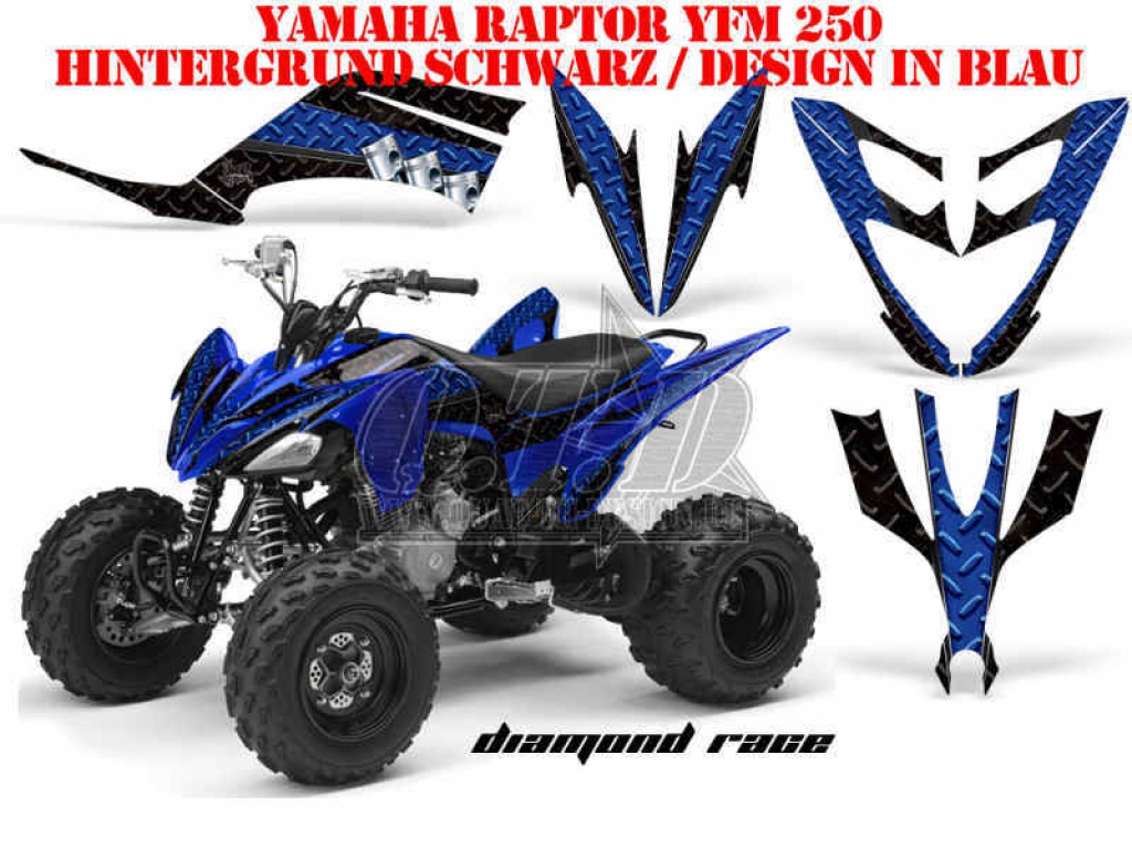 Diamond Race Hintergrund = Schwarz, Designfarbe = Blau für Yamaha Raptor YFM 250