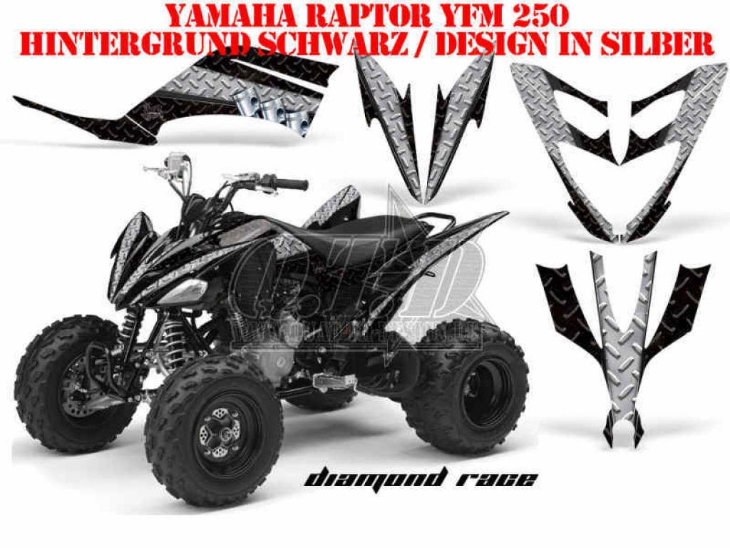 Diamond Race Hintergrund = Schwarz, Designfarbe = Silber für Yamaha Raptor YFM 250
