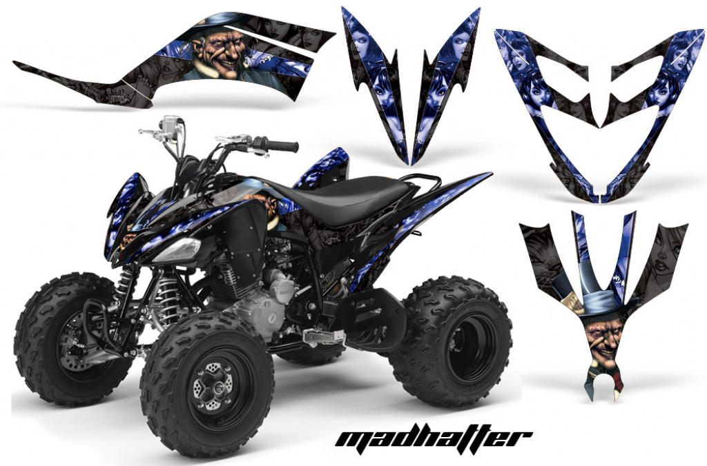 Mad-Hatter Hintergrund = Schwarz, Designfarbe = Blau für Yamaha Raptor YFM 250