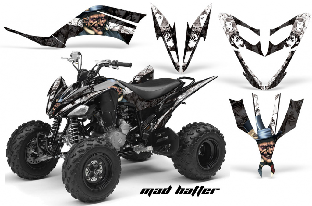 Mad-Hatter Hintergrund = Schwarz, Designfarbe = Weiß für Yamaha Raptor YFM 250