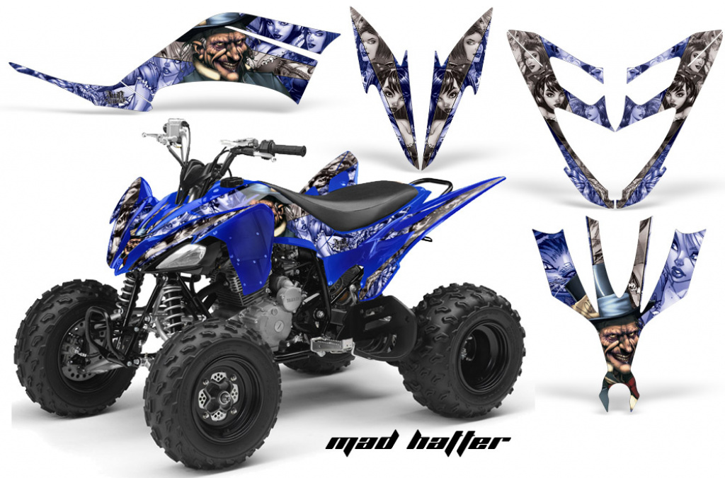 Mad-Hatter Hintergrund = Blau, Designfarbe = Silber für Yamaha Raptor YFM 250