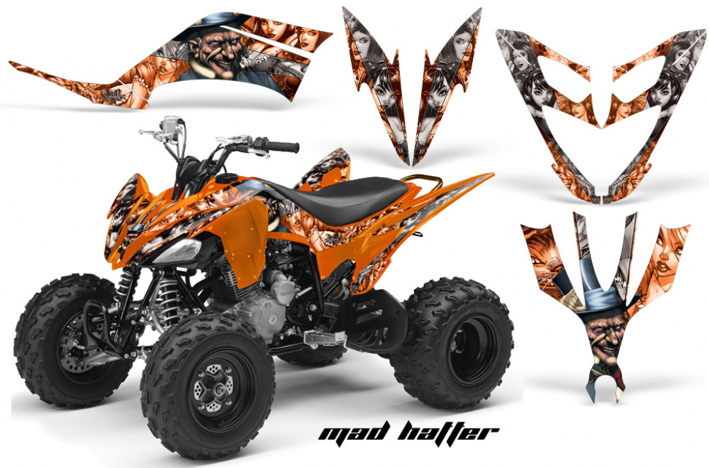Mad-Hatter Hintergrund = Orange, Designfarbe = Silber für Yamaha Raptor YFM 250