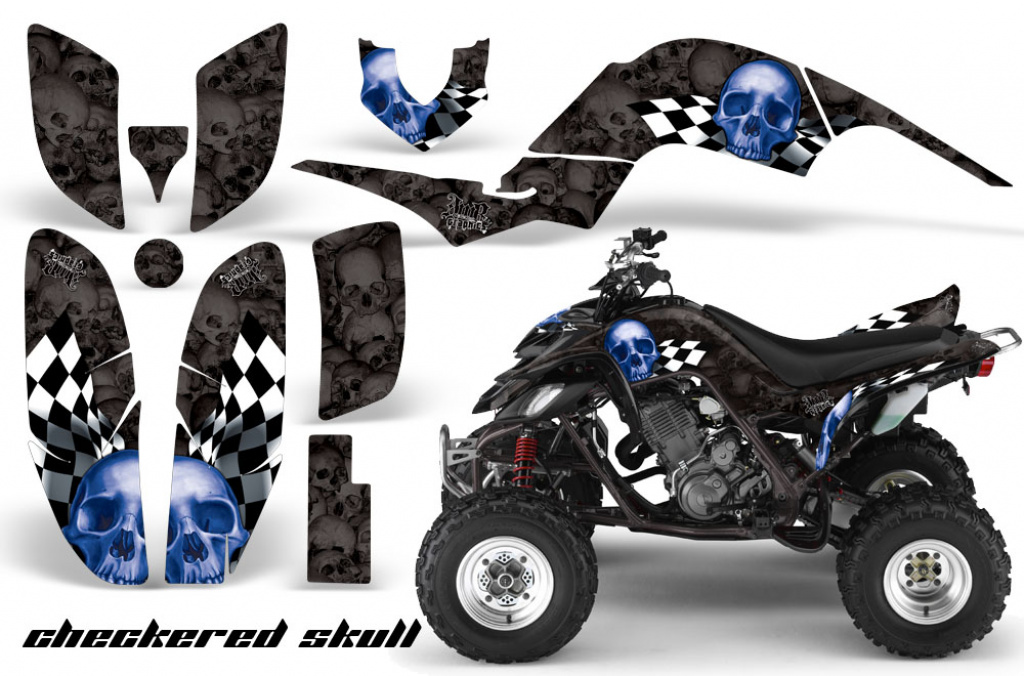 Checkered Skull Background = Black , Design color = Blue for Yamaha Raptor YFM 660