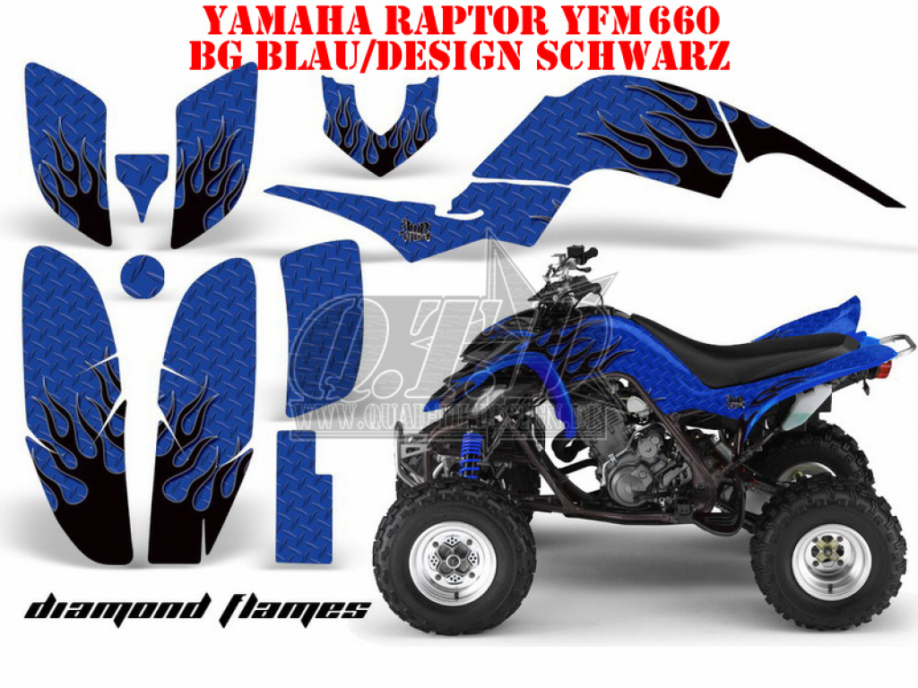Diamond Flames Background = Blue, Design color = Black for Yamaha Raptor YFM 660