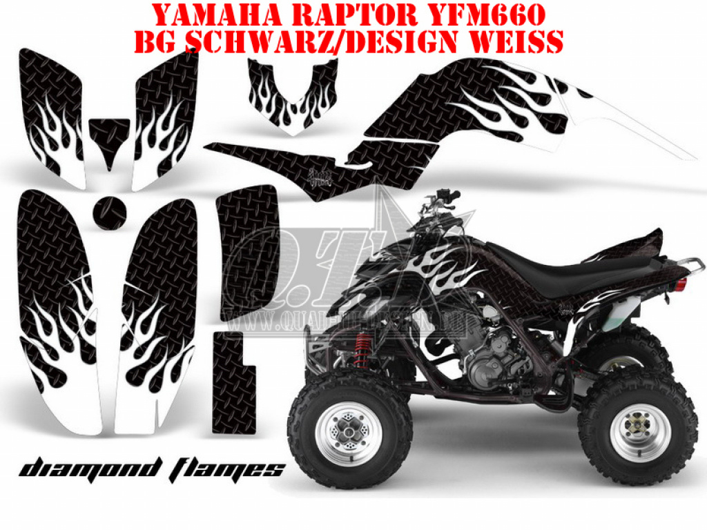 Diamond Flames Background = Black, Design color = White for Yamaha Raptor YFM 660