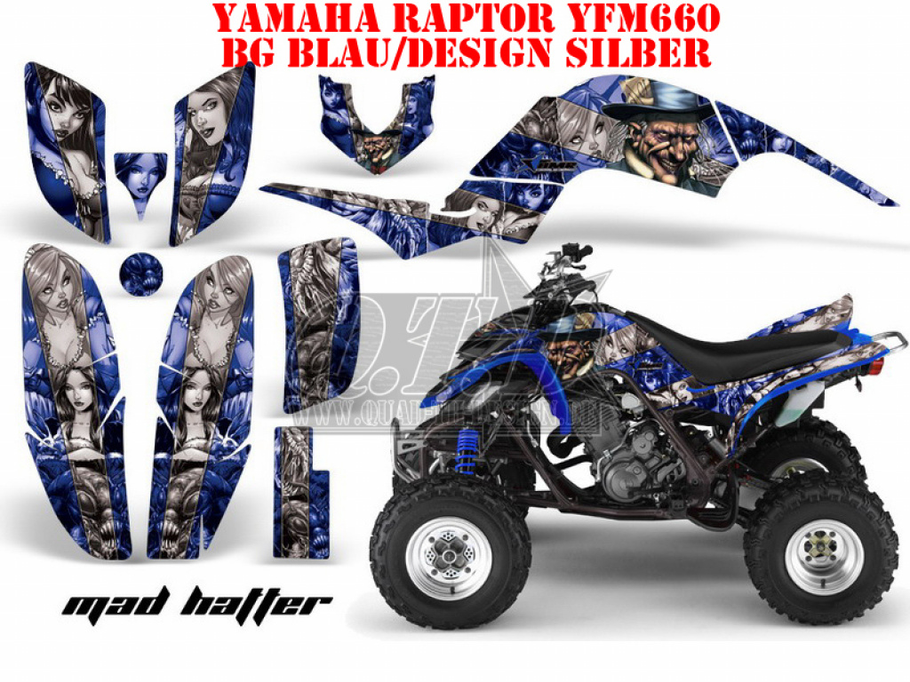 Mad-Hatter Background = Blue, Design color = Silver for Yamaha Raptor YFM 660
