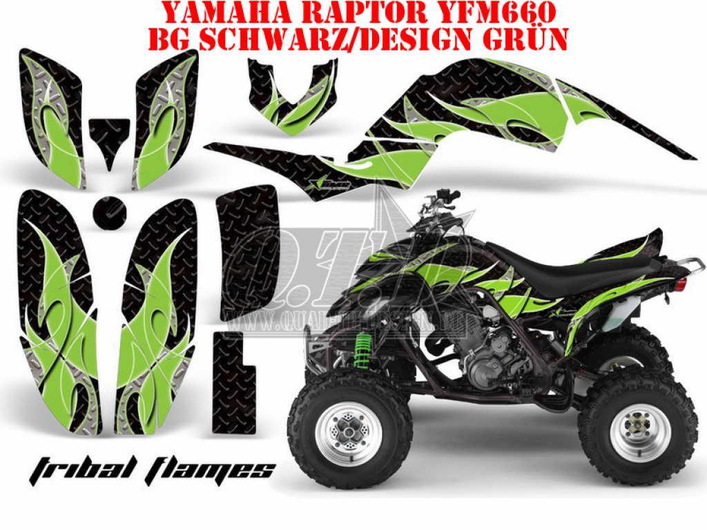 Tribal Flames Background = Black, Design color = Green for Yamaha Raptor YFM 660