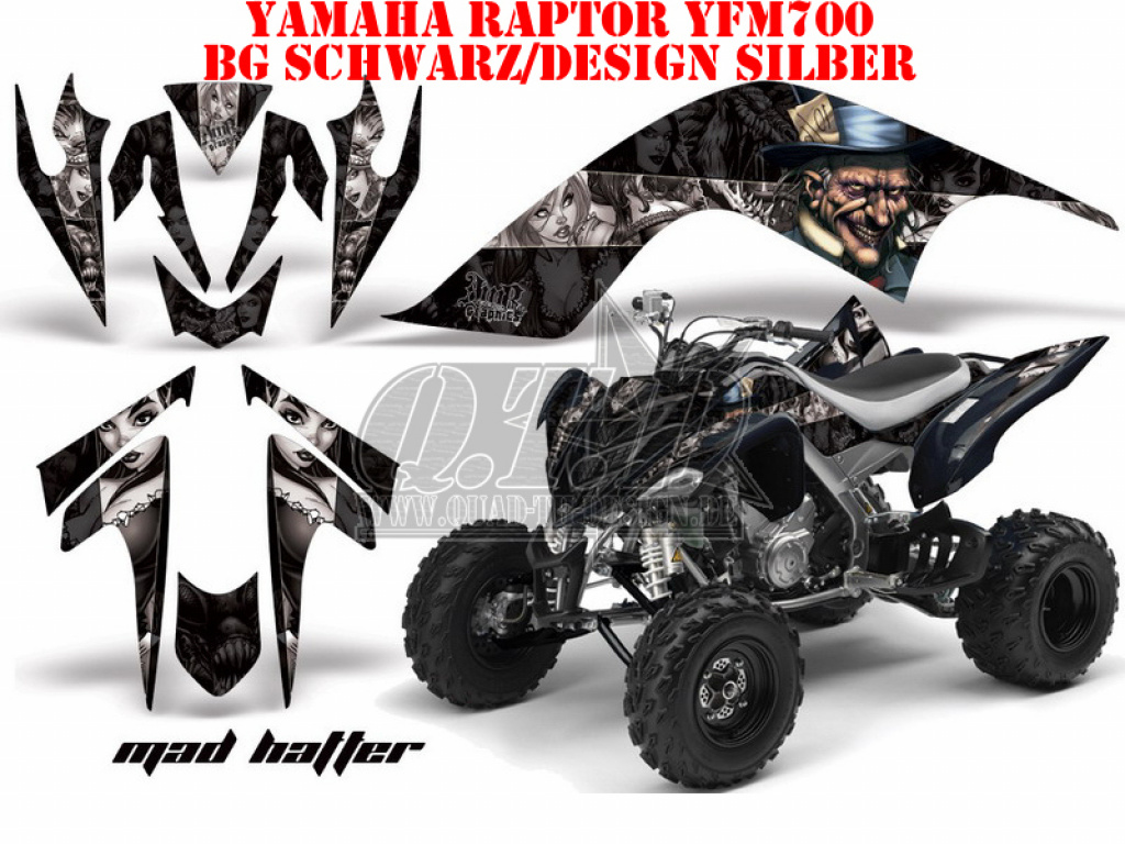 Mad-Hatter Hintergrund = Schwarz, Designfarbe = Silber für Yamaha Raptor YFM 700 2006-2012