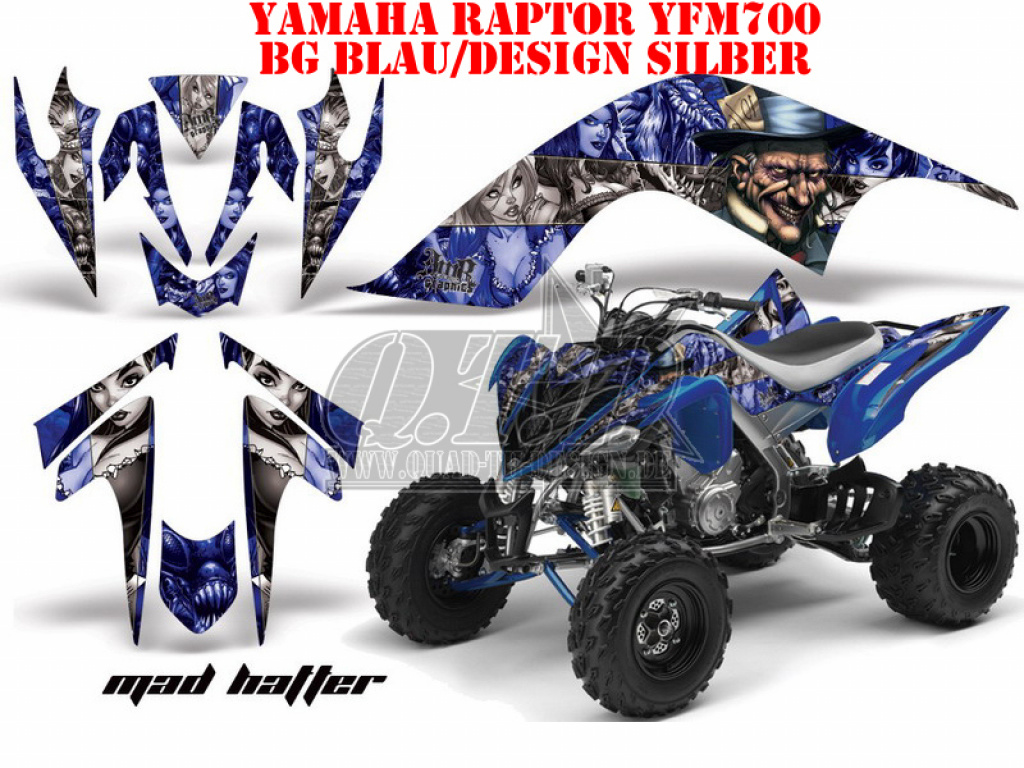 Mad-Hatter Hintergrund = Blau, Designfarbe = Silber für Yamaha Raptor YFM 700 2006-2012
