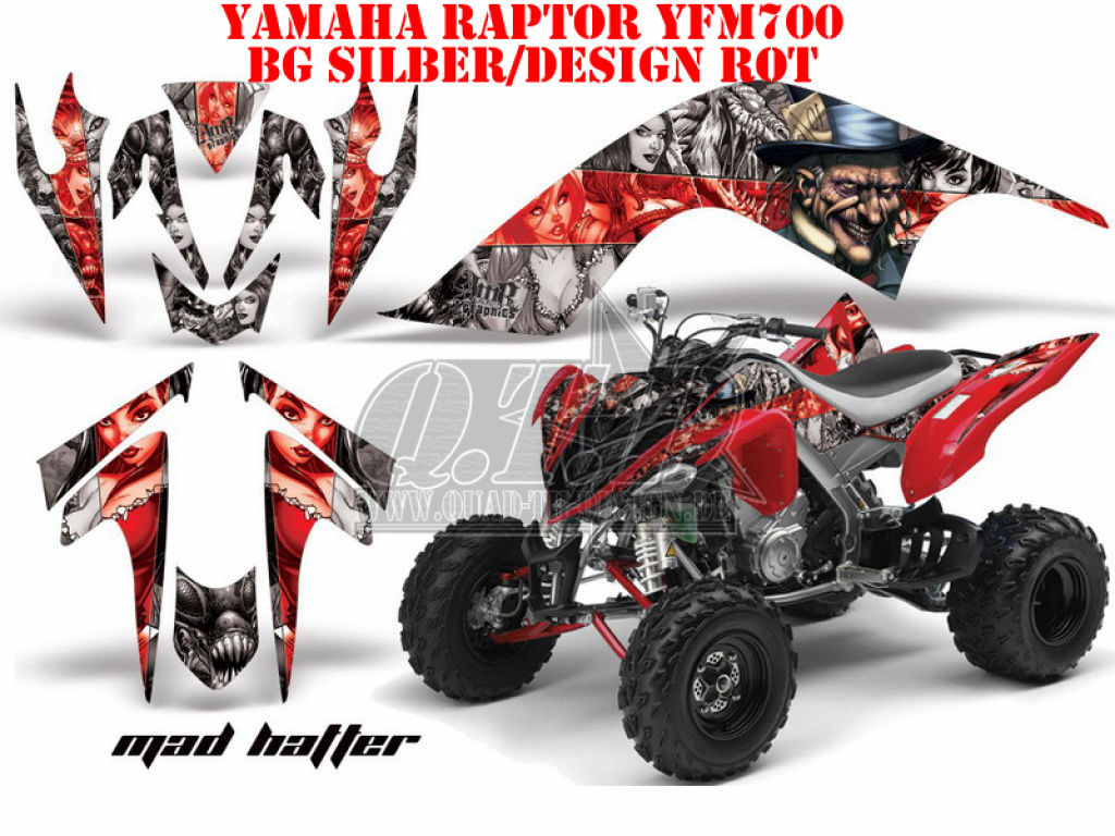 Mad-Hatter Hintergrund = Silber, Designfarbe = Rot für Yamaha Raptor YFM 700 2006-2012