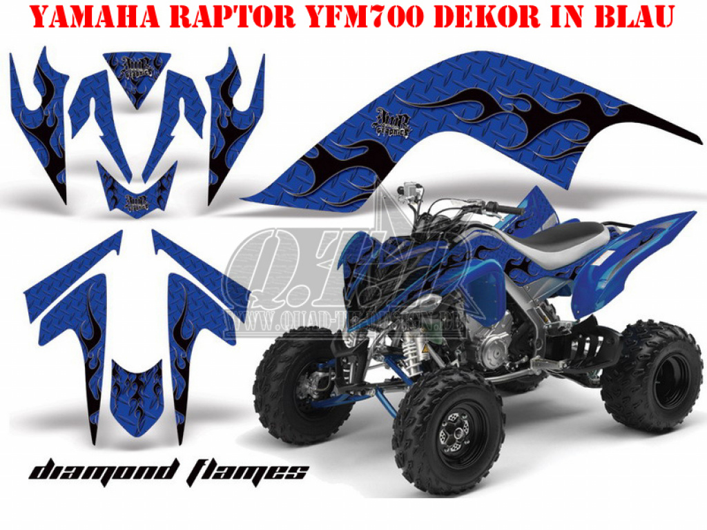 Diamond Flames Hintergrund = Blau, Designfarbe = Schwarz für Yamaha Raptor YFM 700 2006-2012