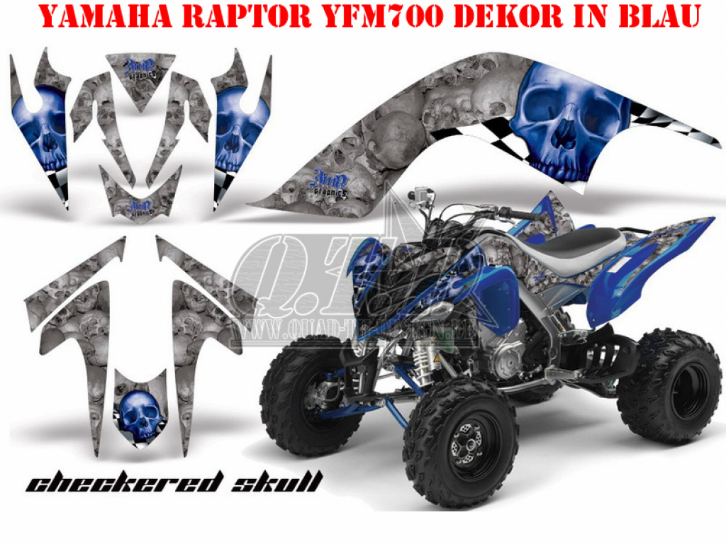 Checkered Skull Hintergrund = Silber, Designfarbe = Blau für Yamaha Raptor YFM 700 2006-2012