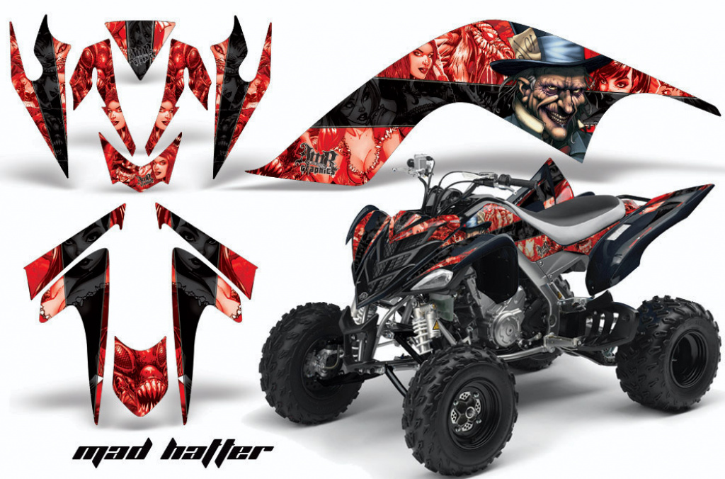 Mad-Hatter Hintergrund = Rot, Designfarbe = Schwarz für Yamaha Raptor YFM 700 2006-2012