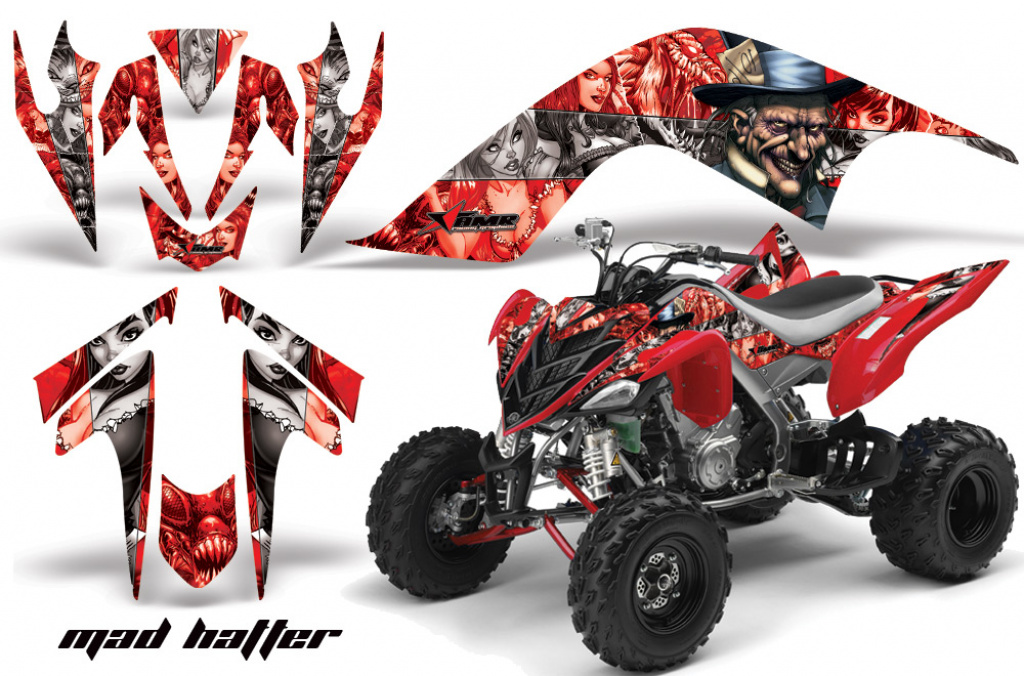 Mad-Hatter Hintergrund = Rot, Designfarbe = Silber für Yamaha Raptor YFM 700 2006-2012