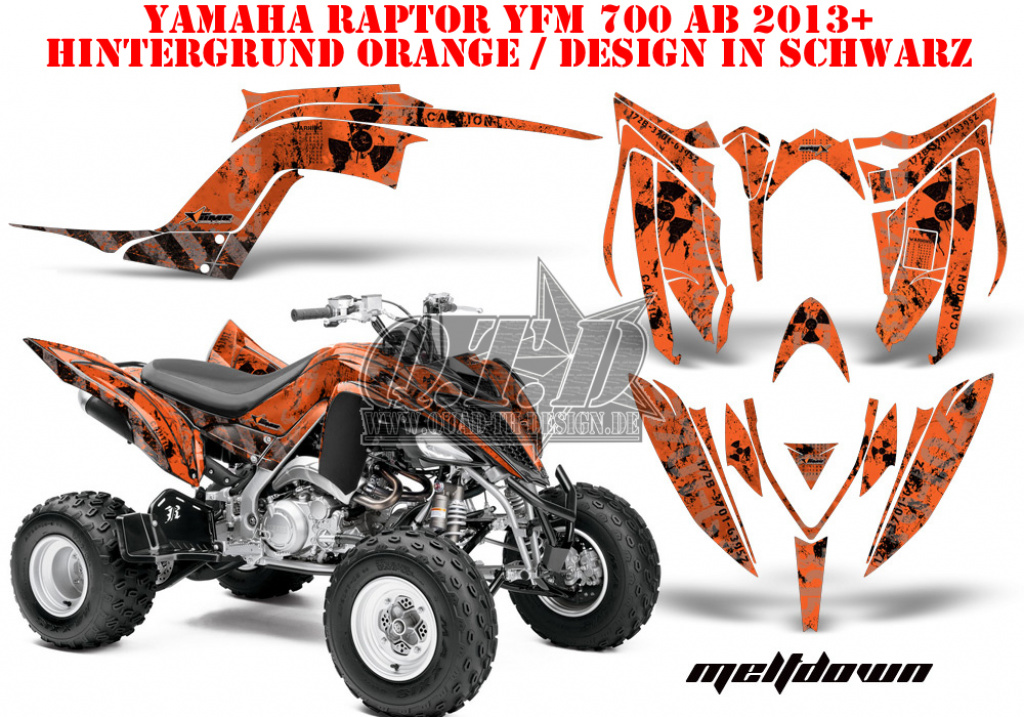 Meltdown Hintergrund = Orange, Designfarbe = Schwarz für Yamaha Raptor YFM 700R 2013+