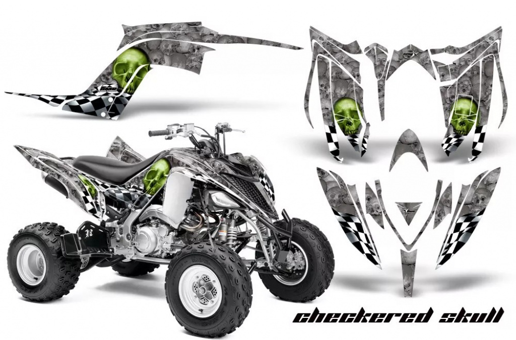 Checkered Skull Hintergrund = Silber, Designfarbe = Grün für Yamaha Raptor YFM 700R 2013+