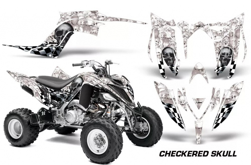 Checkered Skull Hintergrund = Weiß, Designfarbe = Schwarz für Yamaha Raptor YFM 700R 2013+