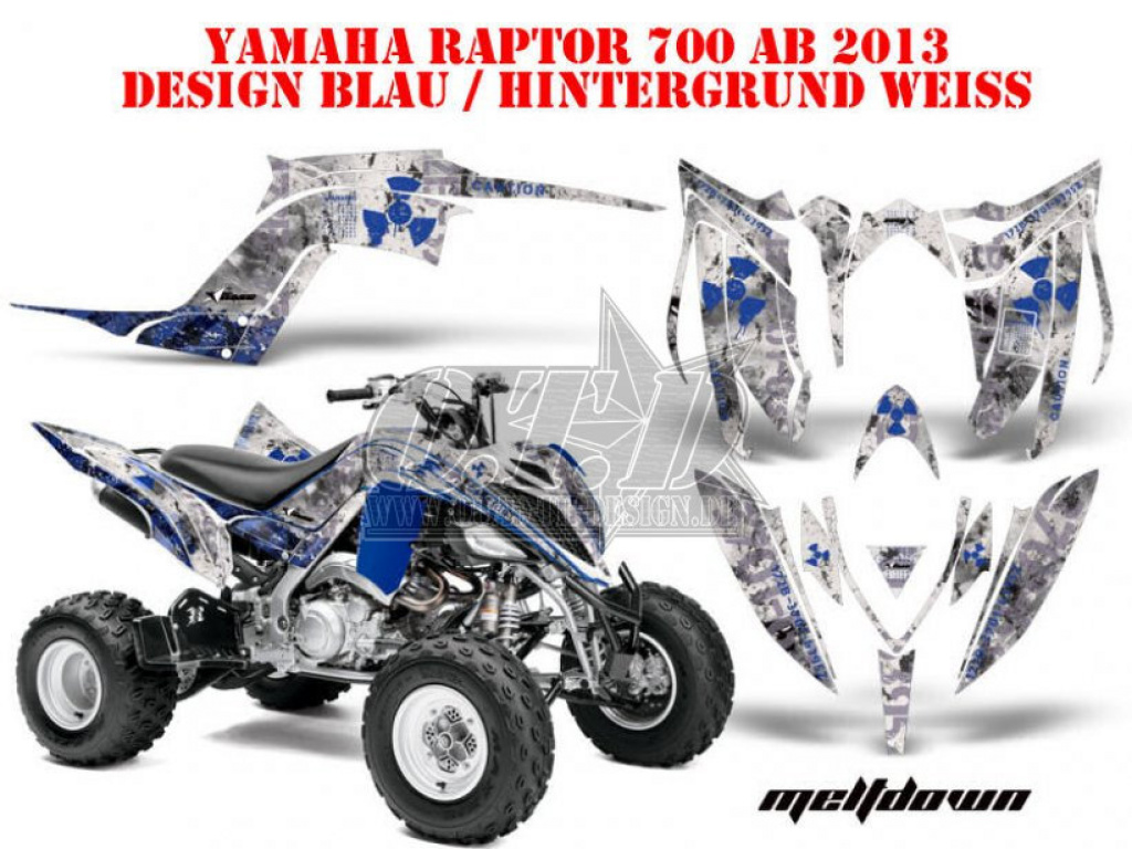 Meltdown Hintergrund = Weiß, Designfarbe = Blau für Yamaha Raptor YFM 700R 2013+