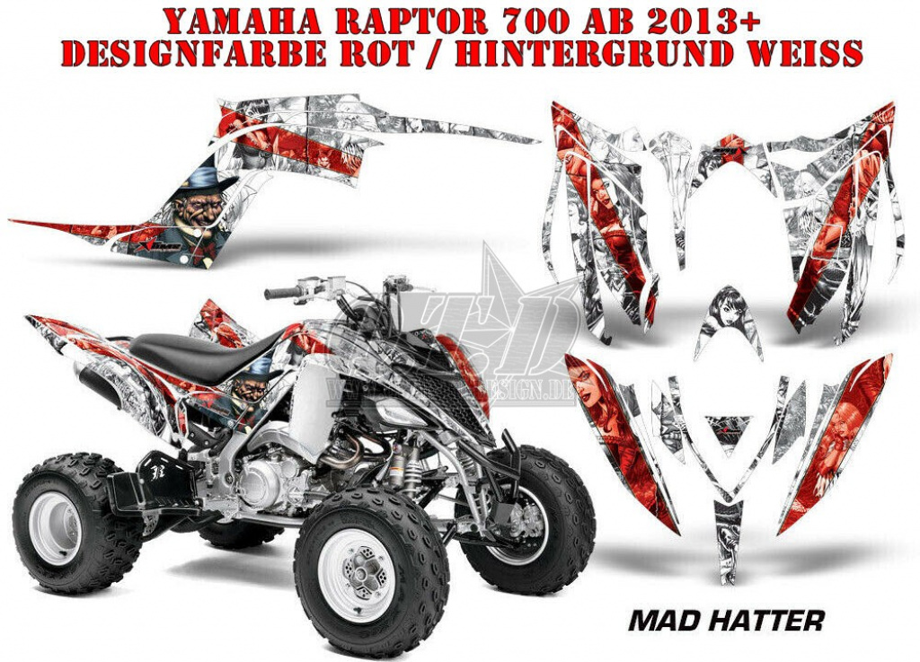 Mad-Hatter Hintergrund = Weiß, Designfarbe = Rot für Yamaha Raptor YFM 700R 2013+