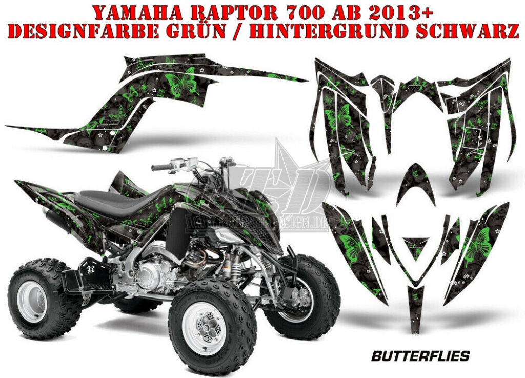 Butterfly Hintergrund = Schwarz, Designfarbe = Grün für Yamaha Raptor YFM 700R 2013+