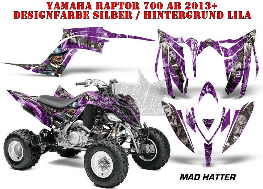 Mad-Hatter Hintergrund = Lila, Designfarbe = Silber für Yamaha Raptor YFM 700R 2013+